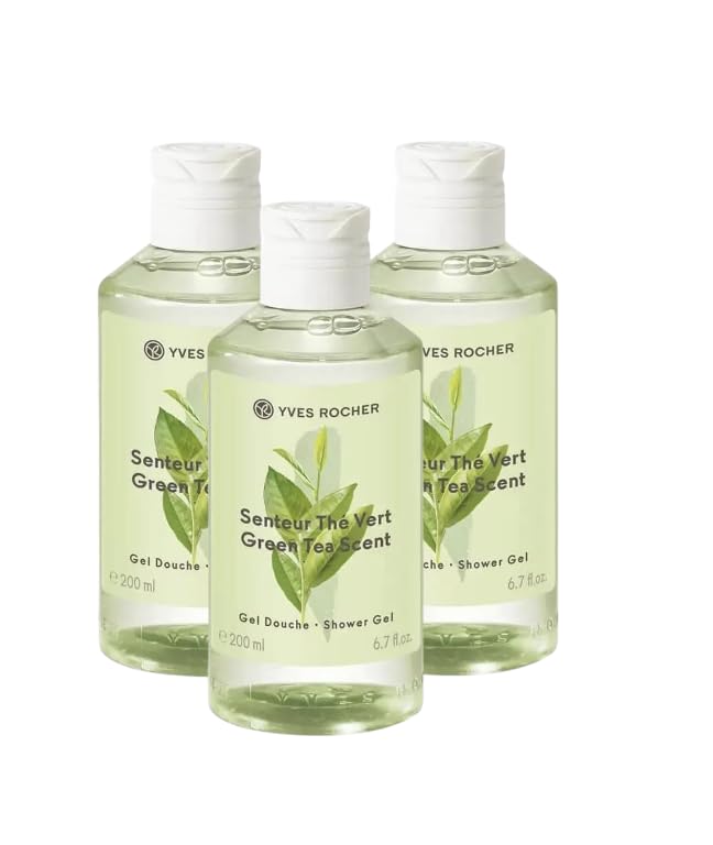 Yves Rocher Green Tea Perfumed Shower Gel Set of 3 Nourishing &amp Moisturizing Body Wash Gentle Cleansing with Organic Cornflower Water 200 ml/6.7 fl.oz