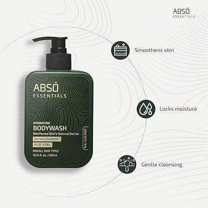 A.B.S.O ESSENTIALS 2% Niacinamide Body Wash with Aloe Vera – Hydrating Daily Cleanser for Dry &amp Sensitive Skin – Skin Barrier Support – SLS &amp Paraben Free –10.1 fl oz