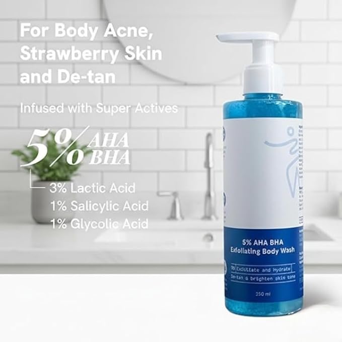 5% AHA BHA Exfoliating Body Wash 250ml | For Body Acne Skin De-Tan | Infused with 3% Lactic Acid 1% Salicylic Acid 1% Glycolic Acid | Non-Drying Paraben Free.
