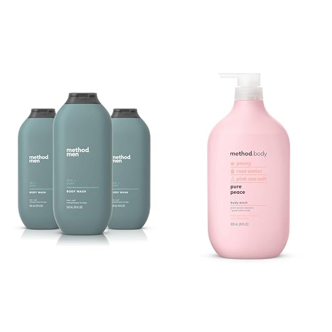Method Men Body Wash Sea + Surf Paraben and Phthalate Free 18 FL Oz (Pack of 3)Softening &amp Body Wash Pure Peace Paraben and Phthalate Free Biodegradable Formula 28 oz (Pack of 1)