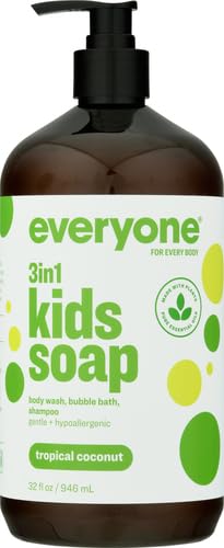 Everyone 3-in-1 Kids Soap Body Wash Bubble Bath Shampoo 32 Ounce (Pack of 4) Tropical Coconut Coconut Cleanser with Plant Extracts and Pure Essential Oils