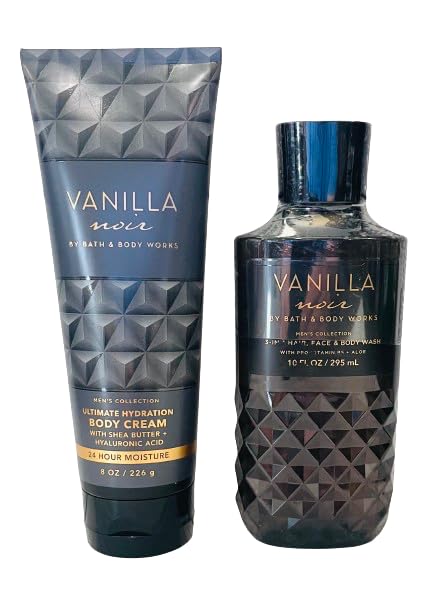 Bath &amp Body Works Vanilla Noir Men's 3-in-1 Hair Face &amp Body Wash and Body Cream 2 Piece Set