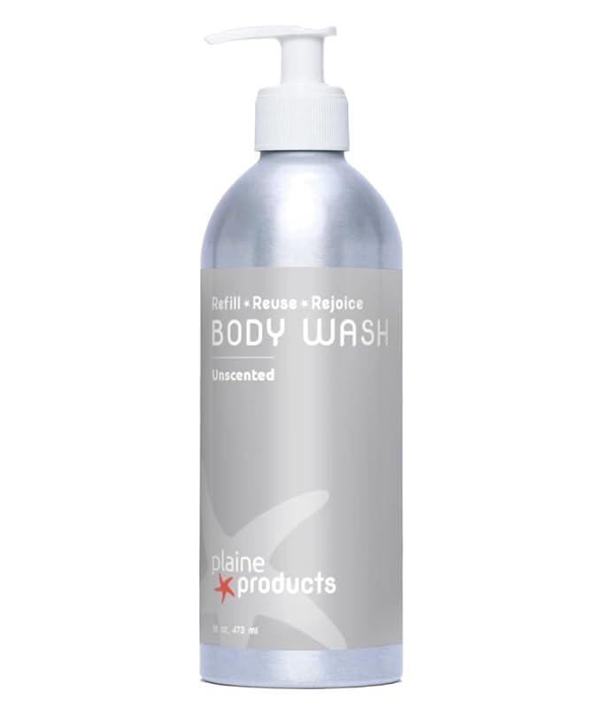 Plaine Products Eco-Friendly Body Wash - Unscented - Sulfate/Paraben/Phthalate Free 16 oz (Refillable Aluminum Bottle with Pump)