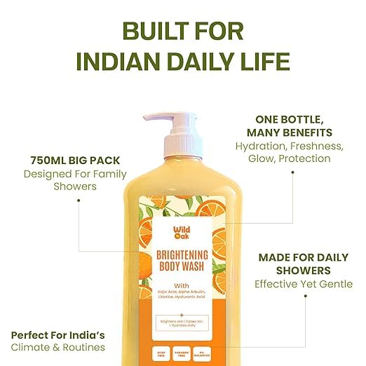 Wild-Oak Brightening &amp De-Tan Body Wash | Kojic Acid Alpha Arbutin Niacinamide Hyaluronic Acid | With Ceramides &amp Probiotics | Shower Gel for Tan Removal &amp Glowing Skin | 750ml