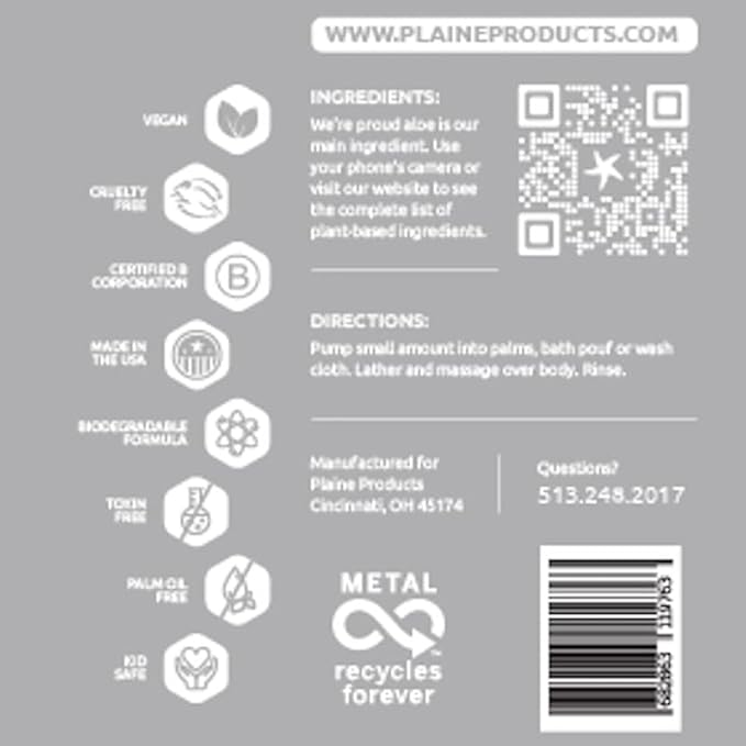 Plaine Products Eco-Friendly Body Wash - Unscented - Sulfate/Paraben/Phthalate Free 16 oz (Refill Bottle - No Pump)