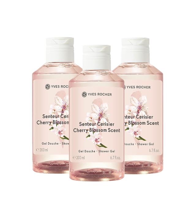 Yves Rocher Cherry Blossom Bloom Perfumed Shower Gel Nourishing &amp Moisturizing Body Wash – Set of 2 or Set of 3 Gift Kit 200 ml/6.7 fl.oz
