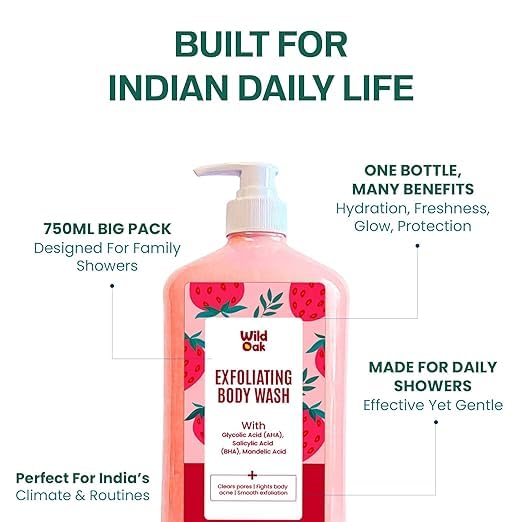 Wild-Oak AHA BHA Exfoliating Body Wash | Salicylic Mandelic &amp Glycolic Acid + Probiotics | Body Acne Strawberry Skin Ingrown Hair &amp Rough Bumps | Non-Drying Shower Gel | 750ml
