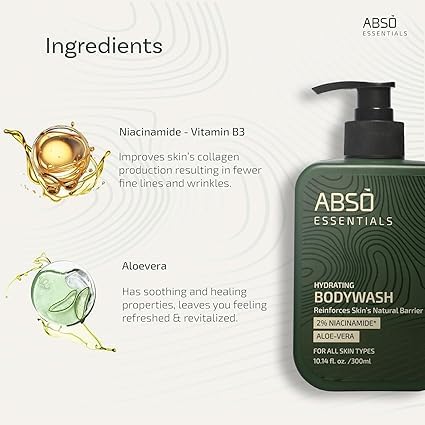 A.B.S.O ESSENTIALS 2% Niacinamide Body Wash with Aloe Vera – Hydrating Daily Cleanser for Dry &amp Sensitive Skin – Skin Barrier Support – SLS &amp Paraben Free –10.1 fl oz