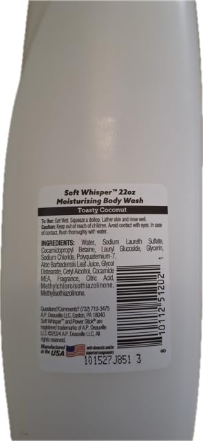 Soft Whisper- Toasty Coconut~ Moisturizing Body Wash with aloe vera - 2 Pk total 44 FL OZ