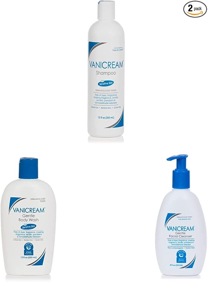 Vanicream Shampoo (12 Fl Oz) Gentle Facial Cleanser with Pump Dispenser (8 fl oz) Gentle Body Wash (12 Ounce) Bundle