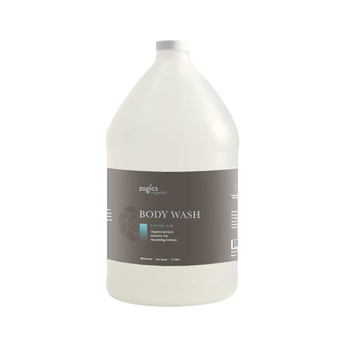 Zogics Organics Body Wash – Moisturizing Body Wash for Men and Women Plant-Based Formula Made with Essential Oils &amp Goat Milk Great as Body Wash Refill in Facilities (Fresh Air Scent 1 Gallon)