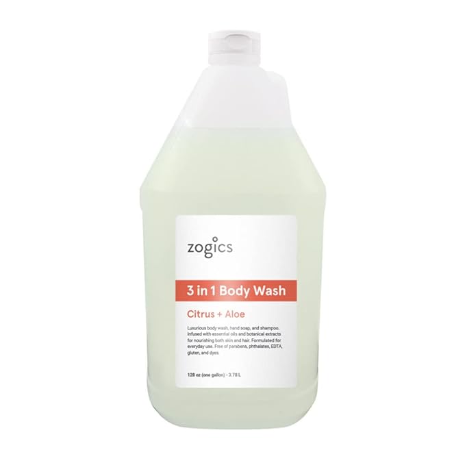 Zogics 3-in-1 Body Wash – Body Soap Shampoo and Hand Soap Liquid Refill All-in-One Hydrating Plant-Based Formula Refreshing Citrus + Aloe Scent (4 Gallons/Case)