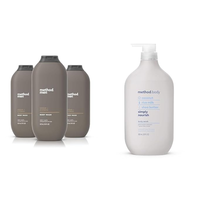Method Men Body Wash Cedar + Cypress Paraben and Phthalate Free 18 FL Oz (Pack of 3) &amp Body Wash Simply Nourish Paraben and Phthalate Free Biodegradable Formula 28 oz (Pack of 1)