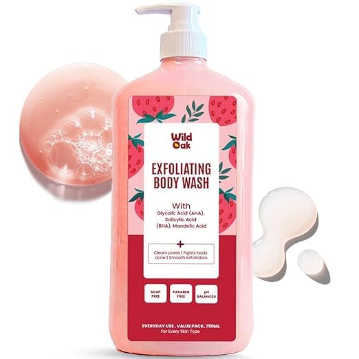 Wild-Oak AHA BHA Exfoliating Body Wash | Salicylic Mandelic &amp Glycolic Acid + Probiotics | Body Acne Strawberry Skin Ingrown Hair &amp Rough Bumps | Non-Drying Shower Gel | 750ml