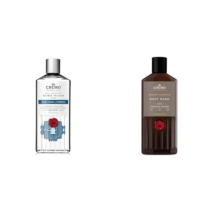 Cremo Men's Body Wash Bundle with 16 Fl Oz Blue Cedar &amp Cypress and 16 Fl Oz Vintage Suede Scents