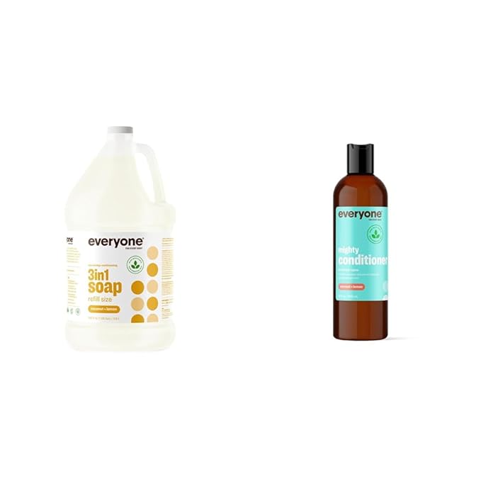 Everyone 3-in-1 Soap Body Wash Bubble Bath Shampoo Coconut Lemon 1 Gallon Bundle with Everyone Mighty Conditioner 12 OZ