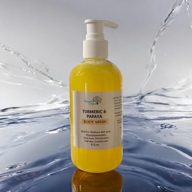 Turmeric Kojic Acid Body Wash with Papaya Extract – Brightening Body Cleanser for Uneven Skin Tone &amp Dark Spots Hydrating Shower Gel with Shea Butter &amp Aloe for Smooth Radiant Skin - 8oz
