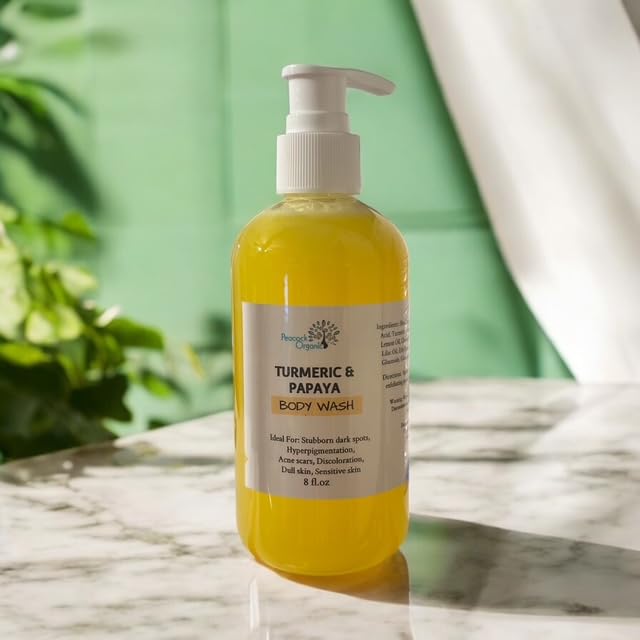 Turmeric Kojic Acid Body Wash with Papaya Extract – Brightening Body Cleanser for Uneven Skin Tone &amp Dark Spots Hydrating Shower Gel with Shea Butter &amp Aloe for Smooth Radiant Skin - 8oz