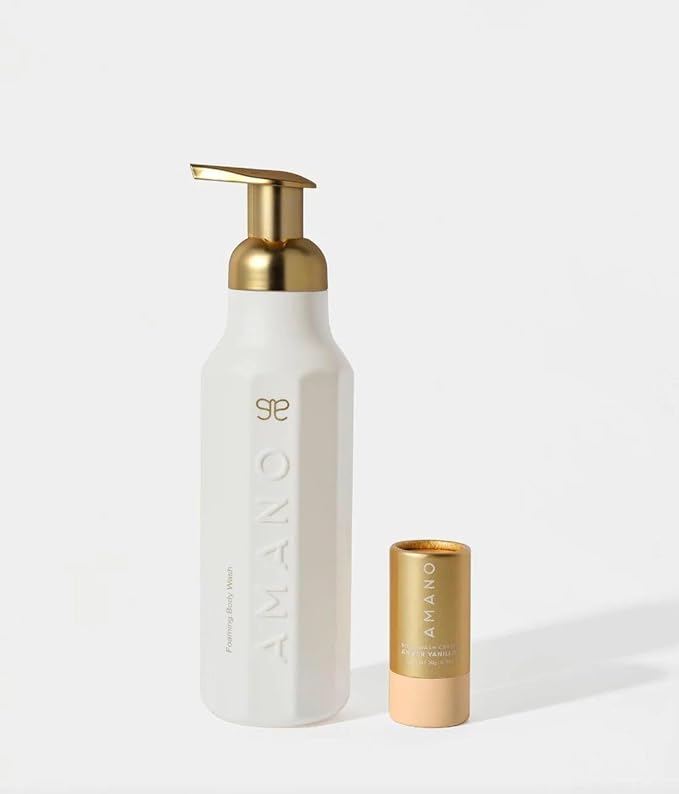Crystal Body Wash Starter Kit - Luxury Foaming Body Wash with Reusable Bottle &amp Body Wash Vegan Sulfate-FreePhthalate-Free - Glowing and Smoother Skin in 30 DAYS (AMBER Vanilla)