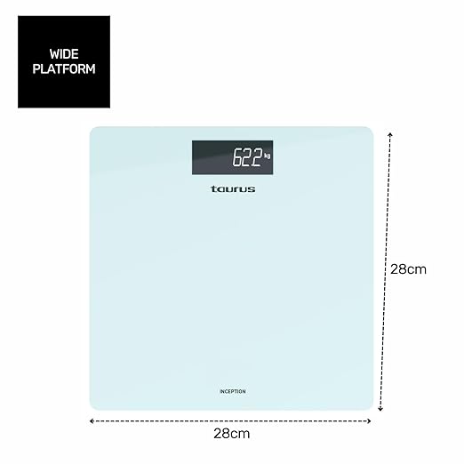 Taurus Inception Digital Bathroom Scale Slim Design 28 x 28 cm Tempered Glass Ultra Strong Glass kg/lb Easy to Read Display Max 180 kg/min 3 kg Non-Slip Feet Blue