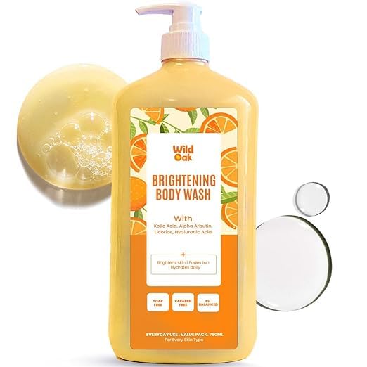 Wild-Oak Brightening &amp De-Tan Body Wash | Kojic Acid Alpha Arbutin Niacinamide Hyaluronic Acid | With Ceramides &amp Probiotics | Shower Gel for Tan Removal &amp Glowing Skin | 750ml