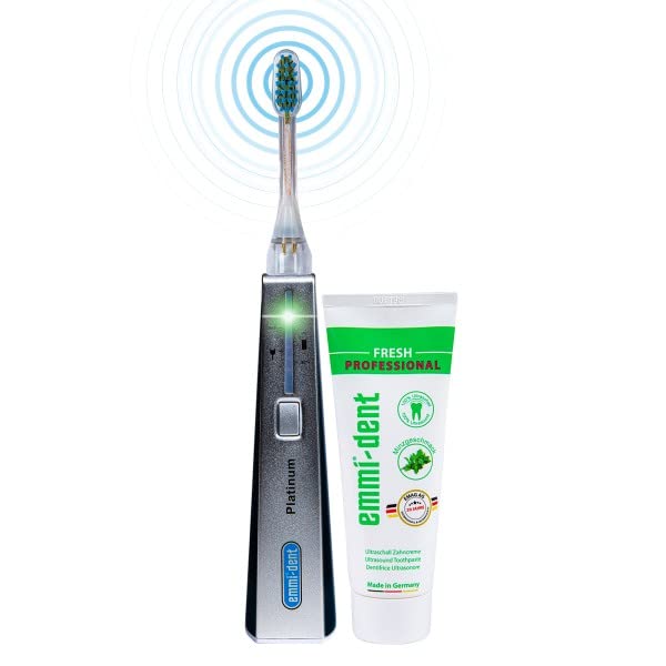 Emmi-dent Electric Toothbrush Set - Carbon. 100% Ultrasound Technology removes Harmful Plaque Without Abrasive Brushing. Ideal for Sensitive Teeth &amp Gums. with Nano-Bubble Toothpaste. Rechargeable
