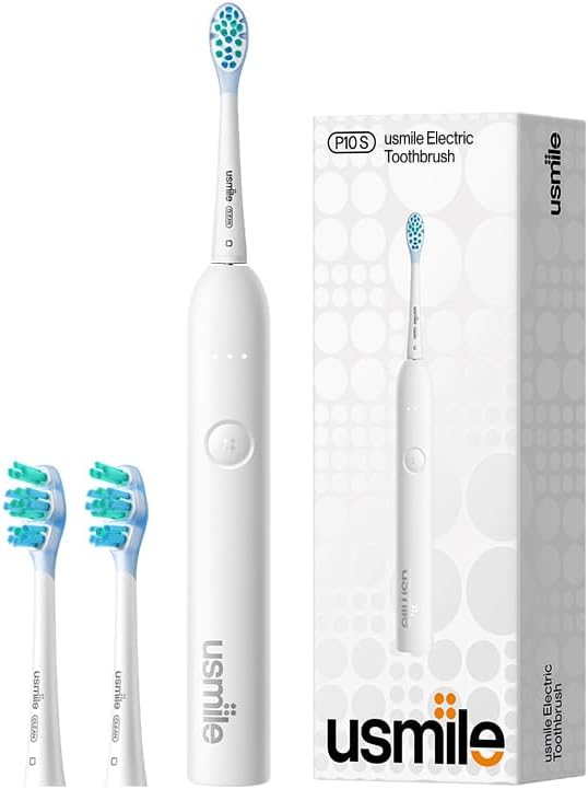 usmile P10S Sonic Electric Toothbrush – 3 Modes Deep Clean &amp Whitening 180-Day Battery Life Cushioned Gum-Care Brush Head for Sensitive Teeth Smart Timer 2 Brush Heads (White)