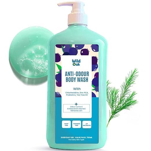Wild-Oak Anti-Odor Body Wash | Advanced Odor Defense with Chlorhexidine Salicylic Acid &amp Zinc PCA | Cooling Peppermint Menthol | Probiotics - Refreshes Skin &amp Balances Microbiome | 750ml