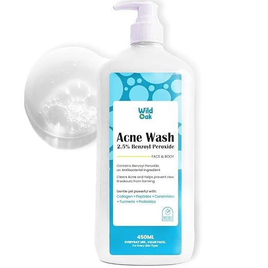 Wild-Oak 2.5% Benzoyl Peroxide Acne Face &amp Body Wash | For Back Acne &amp Breakouts | Unclogs Pores | Turmeric + Ceramides | Non-Drying Daily Cleanser | 450ml