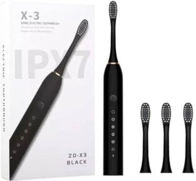 X-3 Electric Sonic Toothbrush with 2 Minute Smart Timer 30s Pause Reminder 45000 VPM 6 Modes 3 Replacement Brush Heads IPX7 Waterproof USB Fast Charging Black
