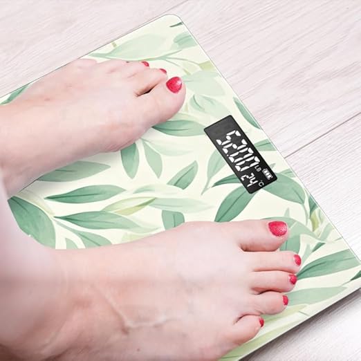 Digital Scale for Body Weight Highly Precision Bathroom Weight Scale 400 lbs with Backlit Display Personalized Scale for Home-Pastel Green and Cream Leaves On White Background