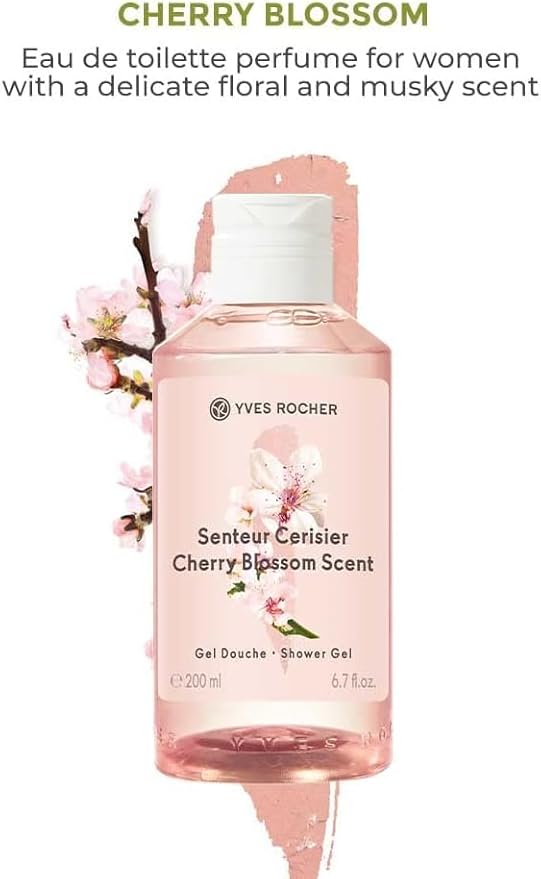 Yves Rocher Cherry Blossom Bloom Perfumed Shower Gel Nourishing &amp Moisturizing Body Wash – Set of 2 or Set of 3 Gift Kit 200 ml/6.7 fl.oz