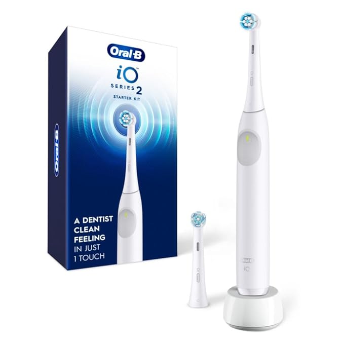 Oral-B Rechargeable Electric Toothbrush iO2 Starter Kit 3 Cleaning Modes Automatic Pressure Sensor to Protect Gums 2 Brush Heads Pure White