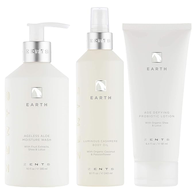 ZENTS Age-Defying Body Wash Lotion &amp Cashmere Oil Set (Earth Fragrance) | Moisturizing &amp Nourishing Trio for Dry Skin | Cleanses Hydrates &amp Heals Skin | 10 fl oz 6.4 fl oz &amp 8 fl oz