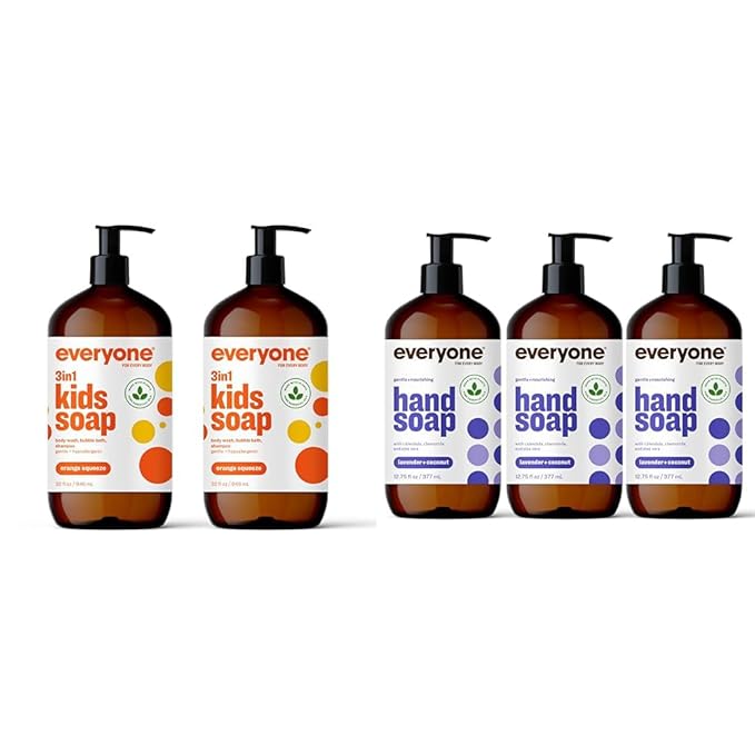 Everyone 3-in-1 Kids Soap Body Wash Bubble Bath Shampoo Orange Squeeze 2 Pack and Everyone Liquid Hand Soap Lavender Coconut 3 Pack Bundle