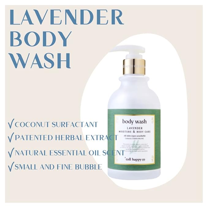 cell happy co Lavender Body Wash COSMOS organic certifed Organic French Lavender Flower Water and Oil 5 kinds of herbal extract Sensitive &amp Trouble skin (10.1 floz)