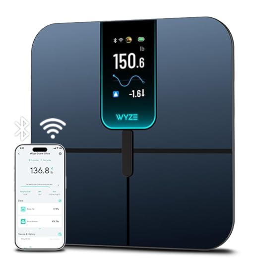 Wyze Scale Ultra Smart Scale with 4.3 Color Display Digital Bathroom Scale for Body Weight BMI Muscle Mass Composition Wi-Fi &amp Bluetooth Body Fat Scale with Heart Rate 400 lbs (Black)