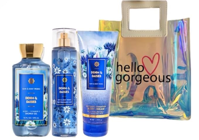 White Barn Bath &amp Body Works - 3 Piece Bundle - Spray - Body Cream - Shower Gel - Full Size and Bag HELLO GORGEOUS (Denim &amp Daisies)