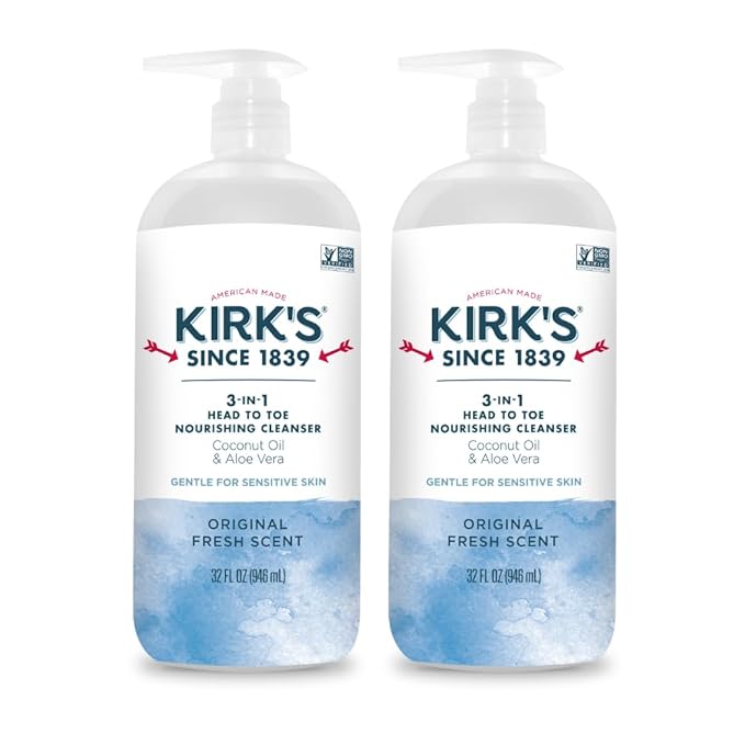 Kirk's 3-in-1 Head to Toe Nourishing Liquid Cleanser- for Men Women &amp Children - Premium Coconut Oil &amp Aloe Vera- Non GMO &amp Vegan -Original Fresh Scent - 32 Fl Oz