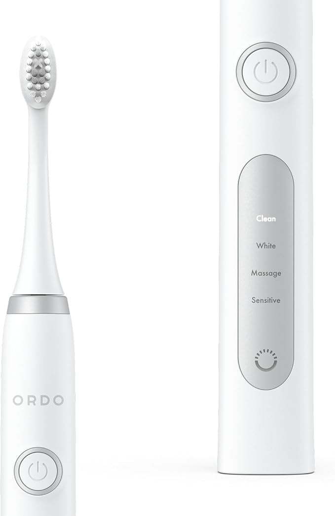 ORDO Sonic+ Electric Toothbrush with Case Sonic Toothbrushes for Adults Charging Travel Case 4 Brushing Modes Fast Rechargeable Battery Silicone Polishing USB Charger White