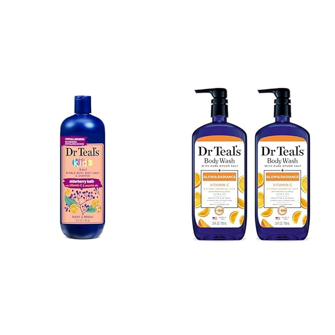Dr Teal's Kids 3-in-1 Elderberry Bath: Bubble Bath Body Wash &amp Shampoo 20 fl oz. &amp Body Wash with Pure Epsom Salt Glow &amp Radiance with Vitamin C &amp Citrus Essential Oils