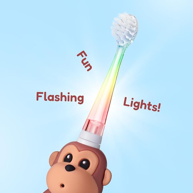 BrushBaby - WildOnes - Kids Rechargeable Electric Toothbrush Ages 0-10 - Monkey Design with Flashing Lights - DeepClean Bristles for Superior Cleaning - 2 Replacement Brush Heads 1 USB Cable