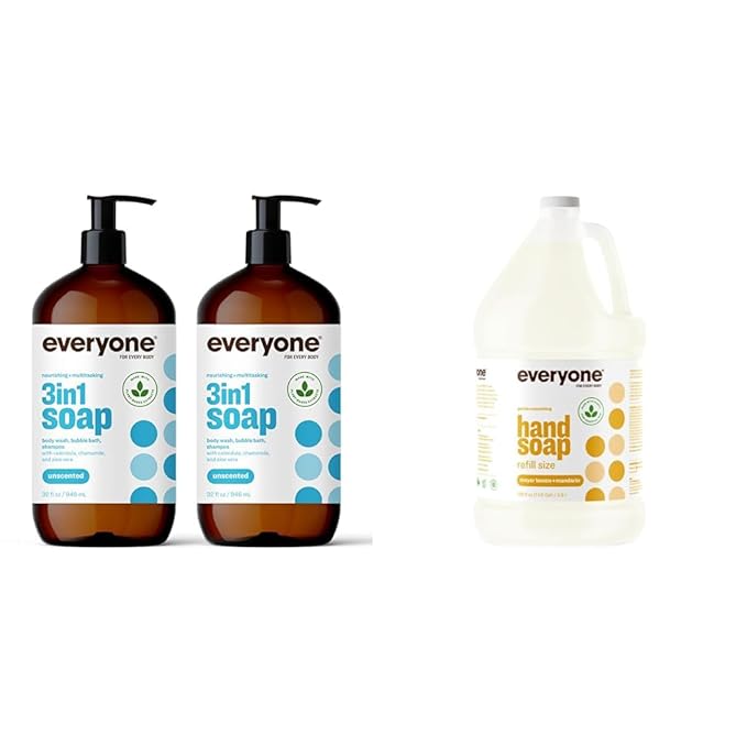 Everyone 3-in-1 Soap Body Wash Bubble Bath Shampoo 32 Ounce (Pack of 2) Unscented &amp Liquid Hand Soap Refill 1 Gallon Meyer Lemon and Mandarin