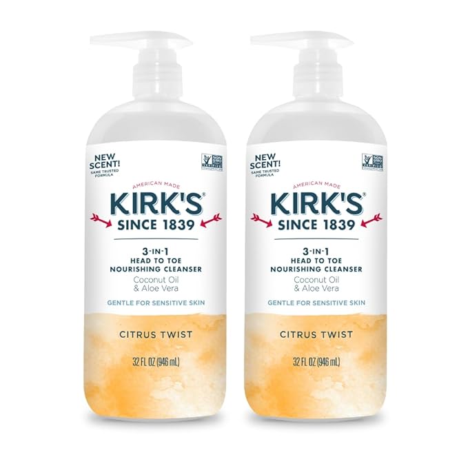 Kirk's 3-in-1 Head to Toe Nourishing Liquid Cleanser- for Men Women &amp Children - Premium Coconut Oil &amp Aloe Vera- Non GMO &amp Vegan - Citrus Twist - 32 Fl Oz. - 2 Pack