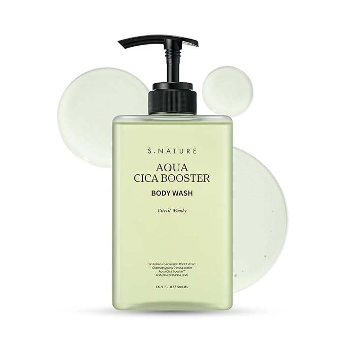 S.NATURE CICA DEEP CLEANSING BODY WASH 16.9 Fl Oz｜Cooling &amp Soothing Care Gentle Exfoliation with AHA BHA PHA LHA Odor Control for Sensitive &amp Acne-Prone Skin｜500ml