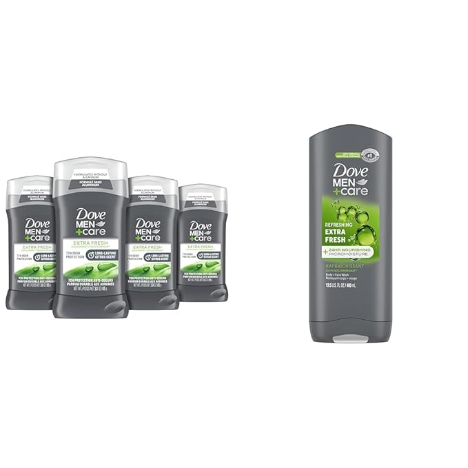 Dove Men + Care Extra Fresh Deodorant 4 Count and Body Wash 13.5 oz Bundle