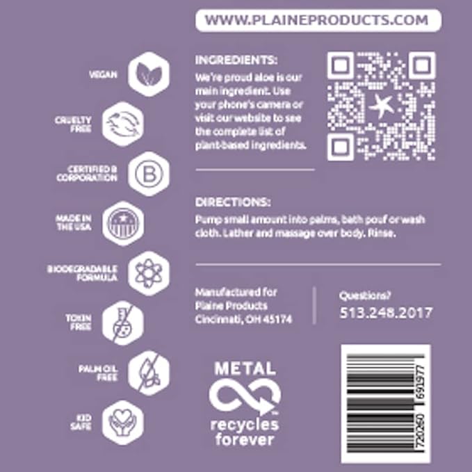 Plaine Products Eco-Friendly Body Wash - Citrus Lavender - Sulfate/Paraben/Phthalate Free 16oz (Refillable Aluminum Bottle with Pump)
