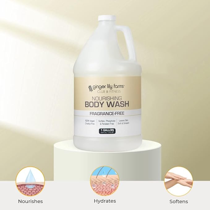 Ginger Lily Farms Club &amp Fitness Nourishing Body Wash 100% Vegan &amp Cruelty-Free Bath &amp Shower Gel for Men and Women Fragrance Free 1 Gallon (Pack of 4)