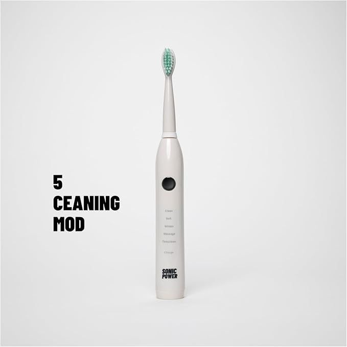 Electric Toothbrush Kit Ultra Portable &amp Lightweight with 5 Cleaning Modes 1 Year Supply of Brush Heads Rechargeable Battery Mirror Mount &amp Travel Cap Included (White)