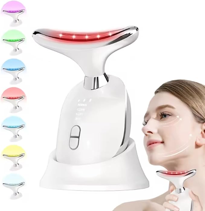 7 in 1 Facial Massager Tool Red - Light Therapy for face and Neck face Lift Device Portable face sculptin with 7 Color Neck Massager for Double - Chin - Reducer.
